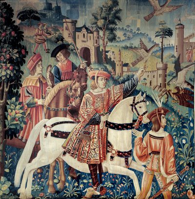 Moyen Âge : le début de la chasse au faucon, à cheval. Tapisserie en soie et laine du début du 16ème siècle. De Hainaut. Paris, Musée National du Moyen Âge, Thermes de Cluny - Belgian School