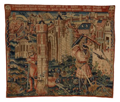Tapisserie, Hercule à la Porte de la Ville de Prycus, ou Hercule Assaillant une Ville, possiblement de Tournai (laine et soie) - Belgian School