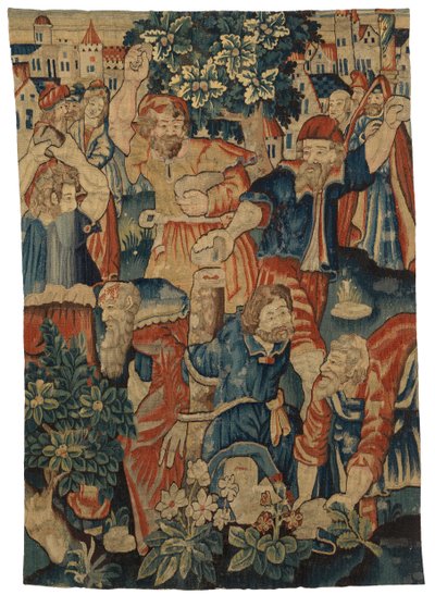 Fragment de tapisserie représentant la Lapidation des Anciens, réalisée peut-être à Bruxelles, Belgique - Belgian School
