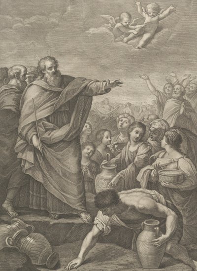 Moïse à gauche avec les Israélites qui ramassent la manne tombée du ciel, deux anges au-dessus - Benedetto Eredi