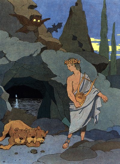 Orphée et sa lyre endorment Cerbère le chien à trois têtes - Benjamin Rabier