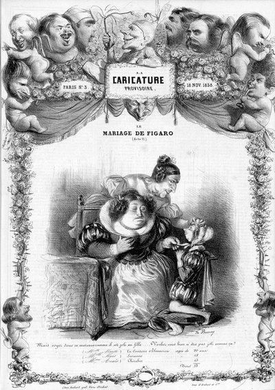 Le mariage de Figaro, Acte 11, avec les personnages de Suzanne et la comtesse Almaviva : « _ mais vois ce morveux comme il est joli en fille... ne seras-tu pas joli comme ça ? » illustration, 1838 - Benjamin Roubaud