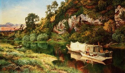 Paysage fluvial avec un pêcheur fabriquant des pièges à anguilles - Benjamin Williams Leader