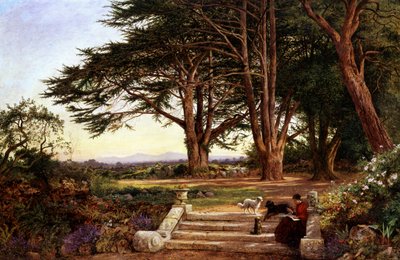 Reading on the Terrace Steps 1896. Une femme lit assise sur des marches dans un jardin, trois petits chiens sont a cote d