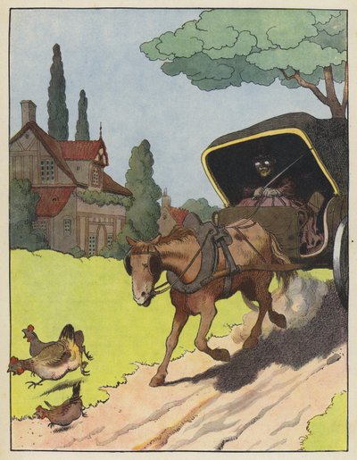 Poules effrayées par un chariot tiré par des chevaux - Benjamin Rabier