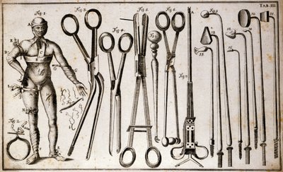 Différents types de pinces et instruments chirurgicaux. Un homme portant différents types de tourniquets et bandages. Planche de chirurgie illustrée par Benoist Louis Prevost (1735-1809). XVIIIe siècle - Benoit Louis Prevost