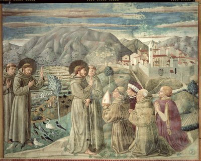 Saint François prêchant aux oiseaux et bénissant Montefalco, 1452 - Benozzo di Lese di Sandro Gozzoli