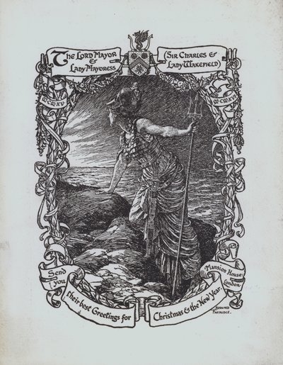 Britannia regardant la mer, carte de vœux de Noël de la Première Guerre mondiale du Lord Maire et de la Lady Mayoress de Londres, Sir Charles et Lady Wakefield - Bernard (after) Partridge