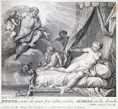 Jupiter (Zeus) brûle Sémélé avec sa foudre. Gravure du 18e siècle d