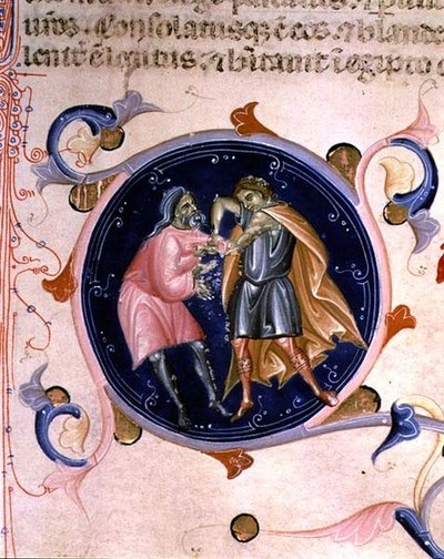 Miniature de deux hommes se querellant, de la Bible de Charles V de Valois - Bernardino da Modena