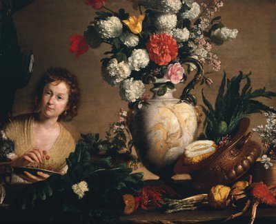 Nature morte de fleurs, fruits, légumes et fruits de mer sur un rebord avec une figure tenant une assiette de cerises - Bernardo Strozzi