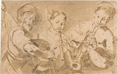 Trois musiciens jouant du cor et du pipeau - Bernardo Strozzi