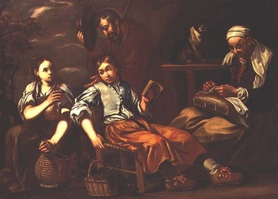 Une vieille femme brodant, un garçon lisant et une fille offrant une boisson à un vieil homme devant un cottage - Bernardt Keil or Keyl