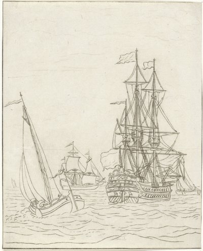 Un navire de guerre et trois voiliers en pleine mer - Bernhard Schreuder
