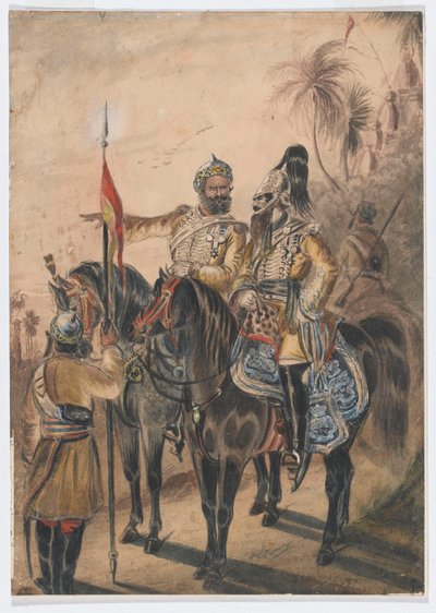 Deux officiers montés et un sowar démonté, 4ème cavalerie irrégulière du Bengale, vers 1850 - Bethune Donald Grant