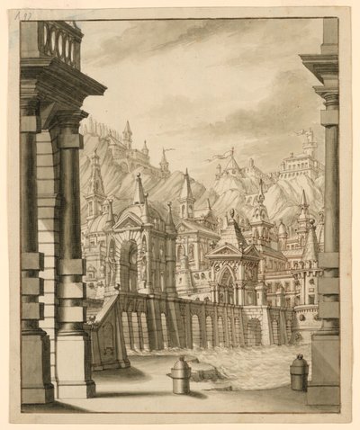 Décor de scène, ville sur colline avec bâtiments à tourelles - Bibiena Family, 1657