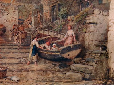 Vue à Clovelly, avec bateau échoué et personnages, 1882, 1935 - Birket Foster