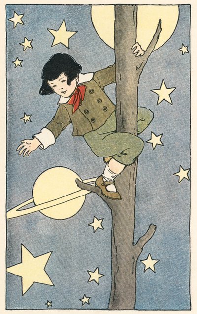 Garçon grimpant à un arbre parmi les étoiles et les planètes - Blanche Fisher Wright
