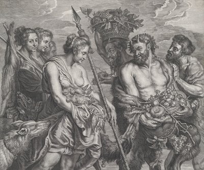 Diane revenant de la chasse, accompagnée de chiens et de ses nymphes à gauche, deux satyres..., vers 1640-59 - Boetius Adams Bolswert