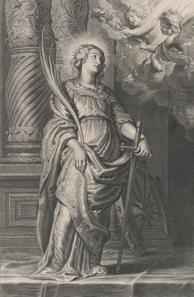 Sainte Catherine tenant des feuilles de palmier et une épée, deux putti au-dessus tenant une couronne de laurier..., ca. 1625-59 - Boetius Adams Bolswert