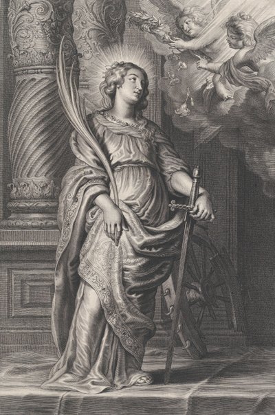 Sainte Catherine tenant des feuilles de palmier et une épée, deux putti au-dessus tenant une couronne de laurier..., vers 1625-59 - Boetius Adams Bolswert