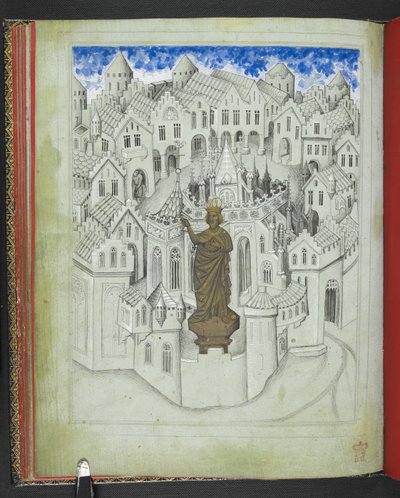 Add 24189, f.9v, La ville de Constantinople, avec une grande statue de l