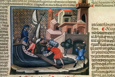 Chargement de marchandises sur un navire, du manuscrit « Justiniano Institutiones Feodorum et Alia », vers 1300 - Bolognese School