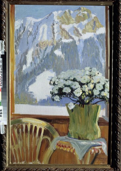 Fleurs sur le balcon, avec vue sur la montagne - Boris Mikhailovich Kustodiev