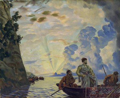Le chef cosaque Stepan Timofeievitch Razine dans une barque - Boris Mikhailovich Kustodiev