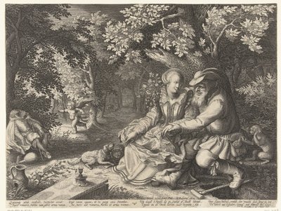 La Mort et Cupidon tirent leurs flèches et un vieil homme courtise une jeune femme - Boëtius Adamsz. Bolswert
