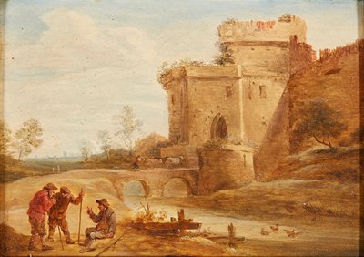 Paysage classique avec figures et animaux sur un chemin - British School