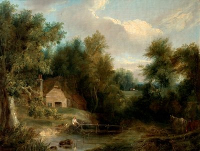 Paysage, Cottage et un Ruisseau avec une Figure et une Maison - British School