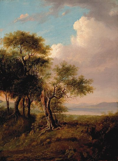 Paysage, arbres au premier plan, lac et collines au loin - British School
