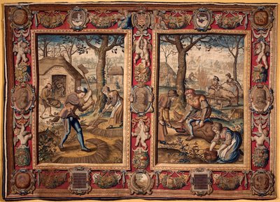Novembre et décembre : travaux agricoles et abattage de porcs. Tapisserie des manufactures de Mortlake. 17ème siècle, Gênes, Musei di Strada Nuova - British School