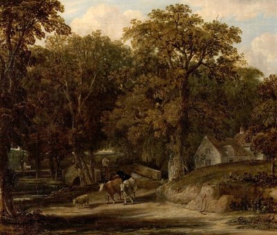Scène boisée avec pont et bétail - British School