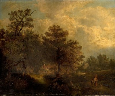 Scène boisée avec ruisseau et cottages - British School