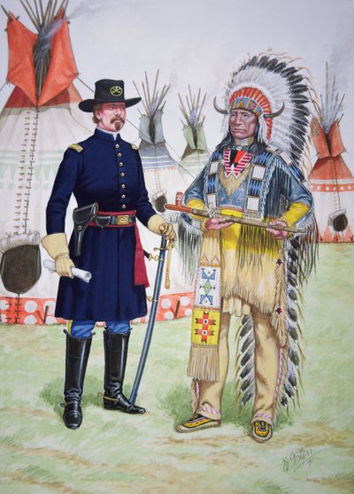 Le chef Red Cloud des Sioux Oglala offre le calumet de la paix à un officier du 5e régiment de cavalerie américain lors de la signature du traité de Fort Laramie en 1868, tiré d