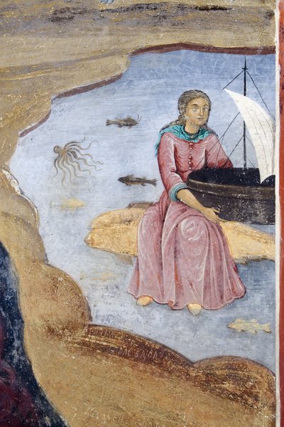 Bulgarie, Montagnes de Rila, Monastère de Rila, gros plan sur un détail de fresque à l