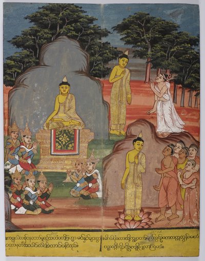 En route vers le parc aux cerfs, Bouddha a rencontré cinq ascètes (centre gauche); au parc aux cerfs, il a prêché le premier sermon. - Burmese School