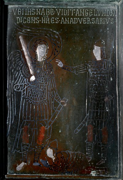 Josué rencontre un ange sur une tuile de porte en bronze fabriquée à Constantinople en 1076. Monte Sant