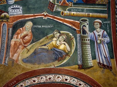 Saint Nicolas sauvant un riche marchand tombé dans la pauvreté et payant la dot de ses filles, détail des Histoires de Saint Nicolas, fresque romane, style byzantin, fin XIe siècle, Chapelle de Saint Eldrad et Saint Nicolas, Abbaye de Novalesa, Piémont, It - Byzantine