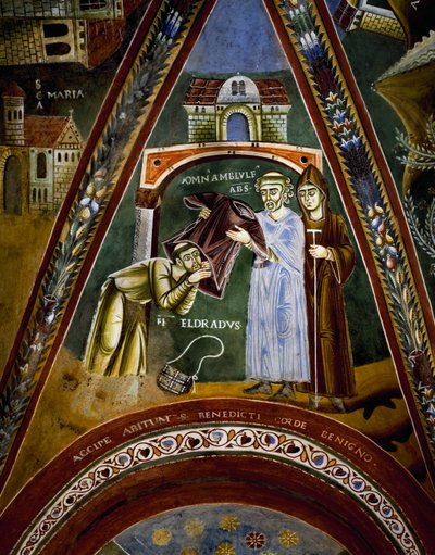 Saint Nicola, histoires de la vie de Saint Eldrad et Saint Nicolas, Saint Eldrado tourné vers Saint Jacques de Compostelle : recevant un habit monastique de l