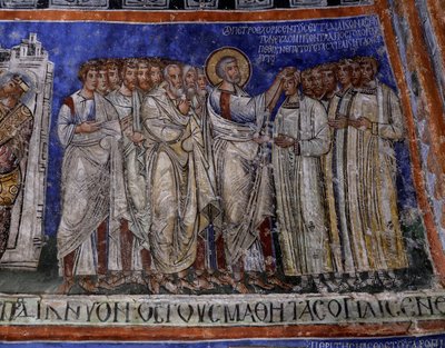 Saint Paul imposant les mains sur les nouveaux baptisés, fresque byzantine dans le transept de Tokali Kilise (Église Boucle) (12e-13e siècle), Göreme (Liste du patrimoine mondial de l