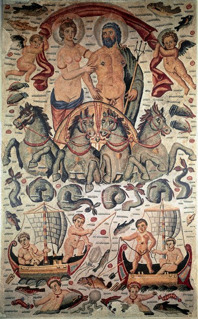 Art byzantin : Triomphe de Neptune et Amphitrite. Neptune et Amphitrite nus sur un char tiré par quatre chevaux marins. Mosaïque du 3e siècle. Dim : 3,1x1,96m. Musée du Louvre, Paris - Byzantine Byzantine