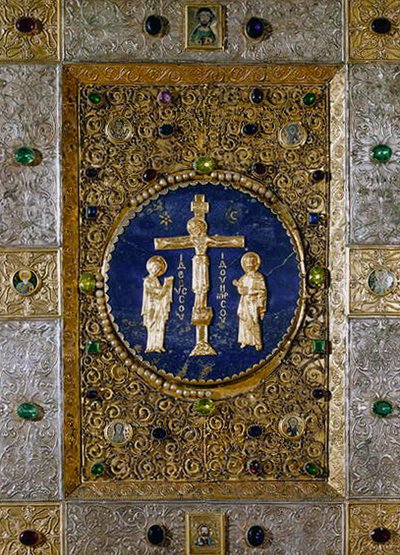 Icône représentant le Christ en croix entre la Vierge et Saint Jean-Baptiste avec des médaillons des Quatre Évangélistes - Byzantine Byzantine