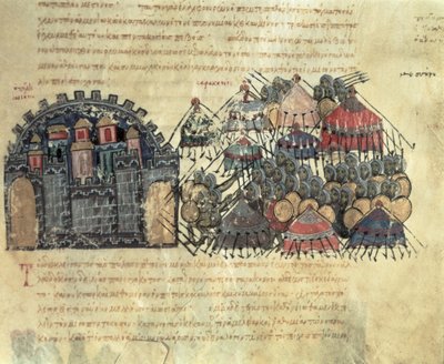 Les Byzantins assiégeant Messine, du Skylitzes de Madrid - Byzantine School