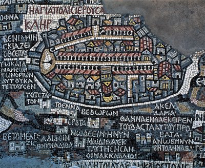 Carte en mosaïque de Madaba (Carte de Terre Sainte), 560, mosaïque de la basilique orthodoxe grecque Saint-Georges, Madaba, Jordanie, civilisation byzantine, VIe siècle (mosaïque) - Byzantine School