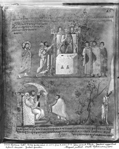 Ms EAB 664 fol.15 Jésus devant Pilate, Judas rendant les trente pièces d