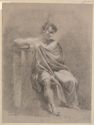 Modèle assis en drapé. Assis sur un socle bas et reposant le bras droit sur un socle haut - C.A. Lorentzen