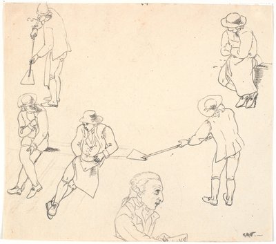 Esquisse avec six figures masculines, deux avec des pelles, trois assises, et un profil d
